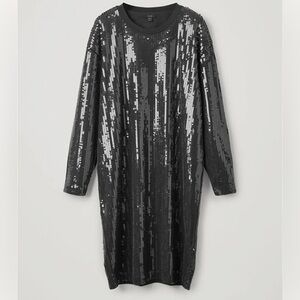 COS Black Sequin Relaxed Fit Long Sleeve Evening Mini Shift Dress Barbiecore